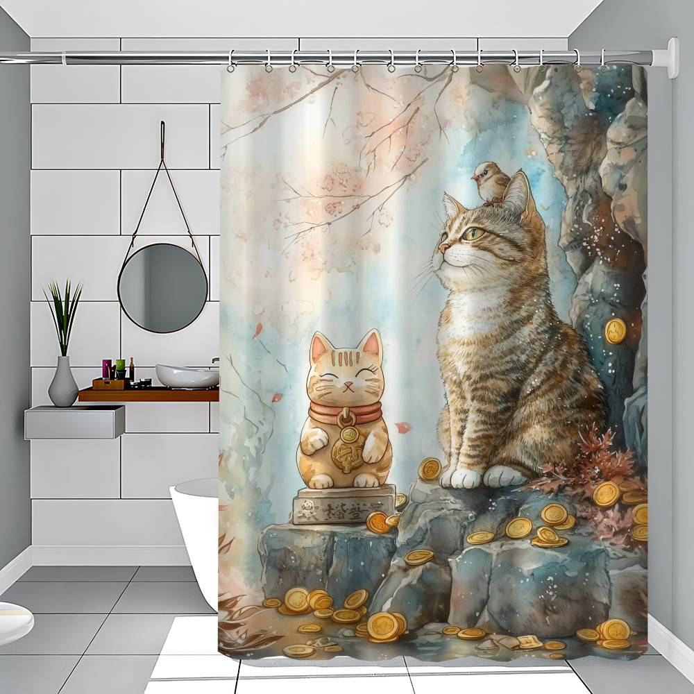 Japanese Black Cat Bathing Moon Lucky Cat Funny And Creative Beach Shower Curtain Waterproof Polyester Bath Curtains Bathroom