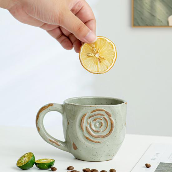 Ceramic Coffee Cup Handmade Rose Bamboo Leaf Embossed Pattern Mug 290ml Rustic Textured Mug Microwave Oven Safe Stackable Gift for Coffee Lovers