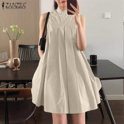 Women Casual Stand Collar Solid Color Sleeveless Dress