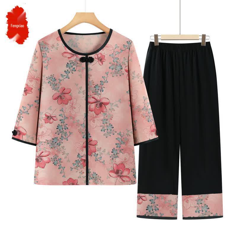 Elderly Women s Floral Print Summer T-Shirt & Pants Set 3XL