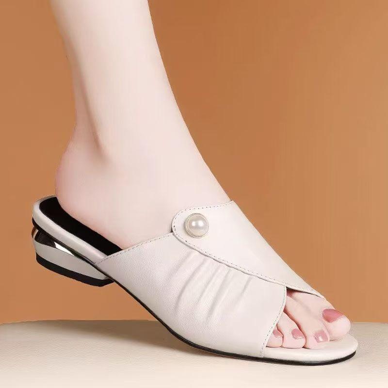 Soft leather fish mouth women's cool slippers women's outer wear summer new versatile soft leather comfortable middle heel slippers