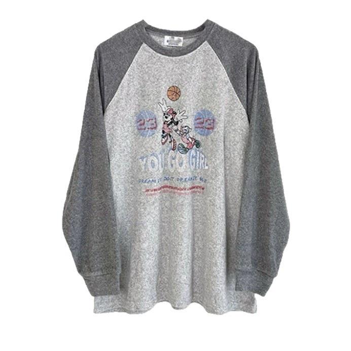 In Stock: Women's Korean Terry Loop Minnie Print Raglan Long Sleeve Casual T-shirt for Autumn 2025
