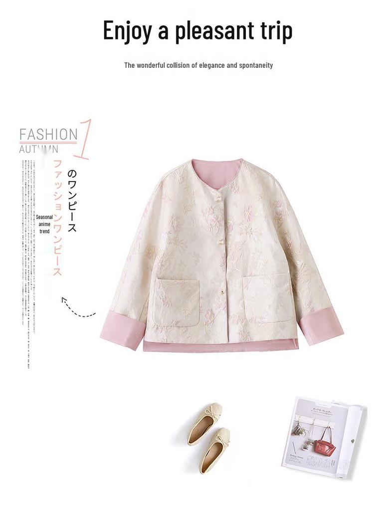 Retro Chinese Jacquard Frog Button Round Neck Jacket - Spring 2025 Collection