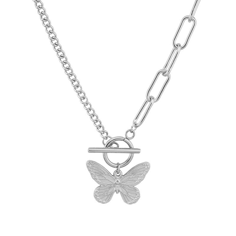 Stainless Steel Butterfly Necklace, Asymmetric Chain Mixed and Matched OT Buckle Necklace, Cold Wind