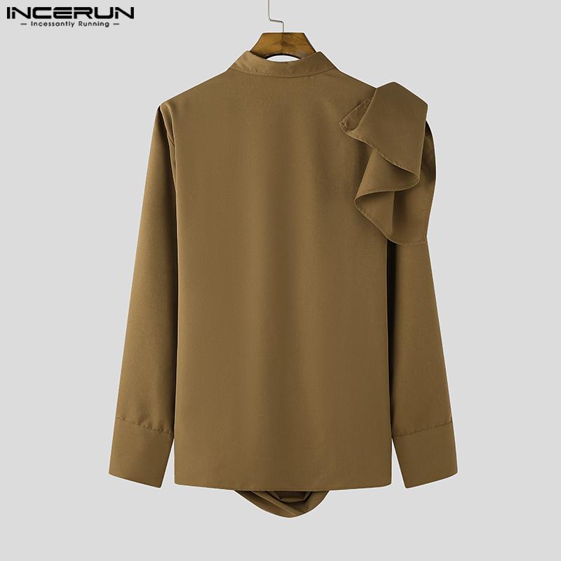 INCERUN Men Irregular Ruffled Shirts Front Cross Hollow Long Sleeve Tops