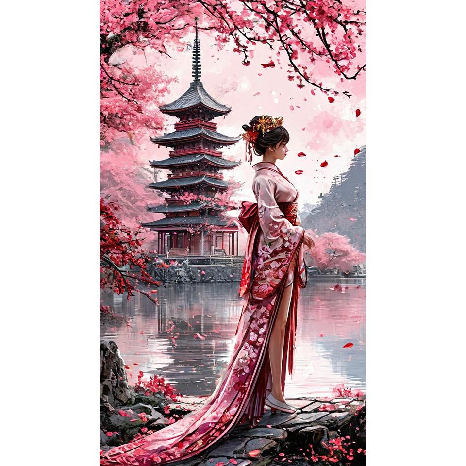 

Пейзаж павильона сакуры и японские женщины Сделай сам Полная алмазная декоративная живопись Алмазная мозаика Набор для вышивания крестом Round 30x40cm