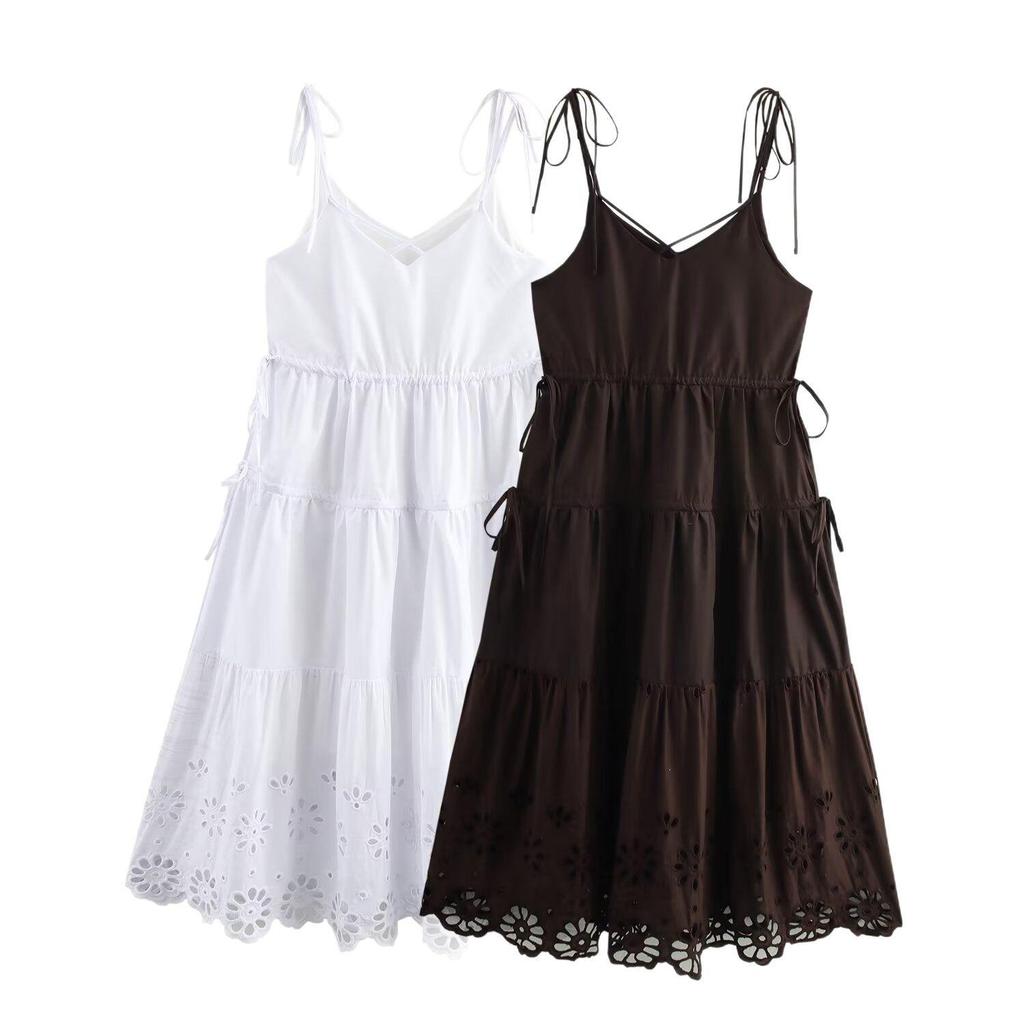 2025 Summer Spaghetti Strap Cotton Embroidered Dress: Fashionable Solid Color Women's Dress