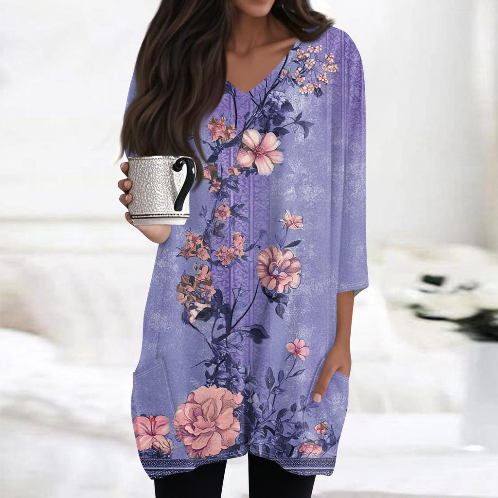 Kadın Günlük V Yaka 3/4 Kol Vintage Çiçek Desenli Üst
