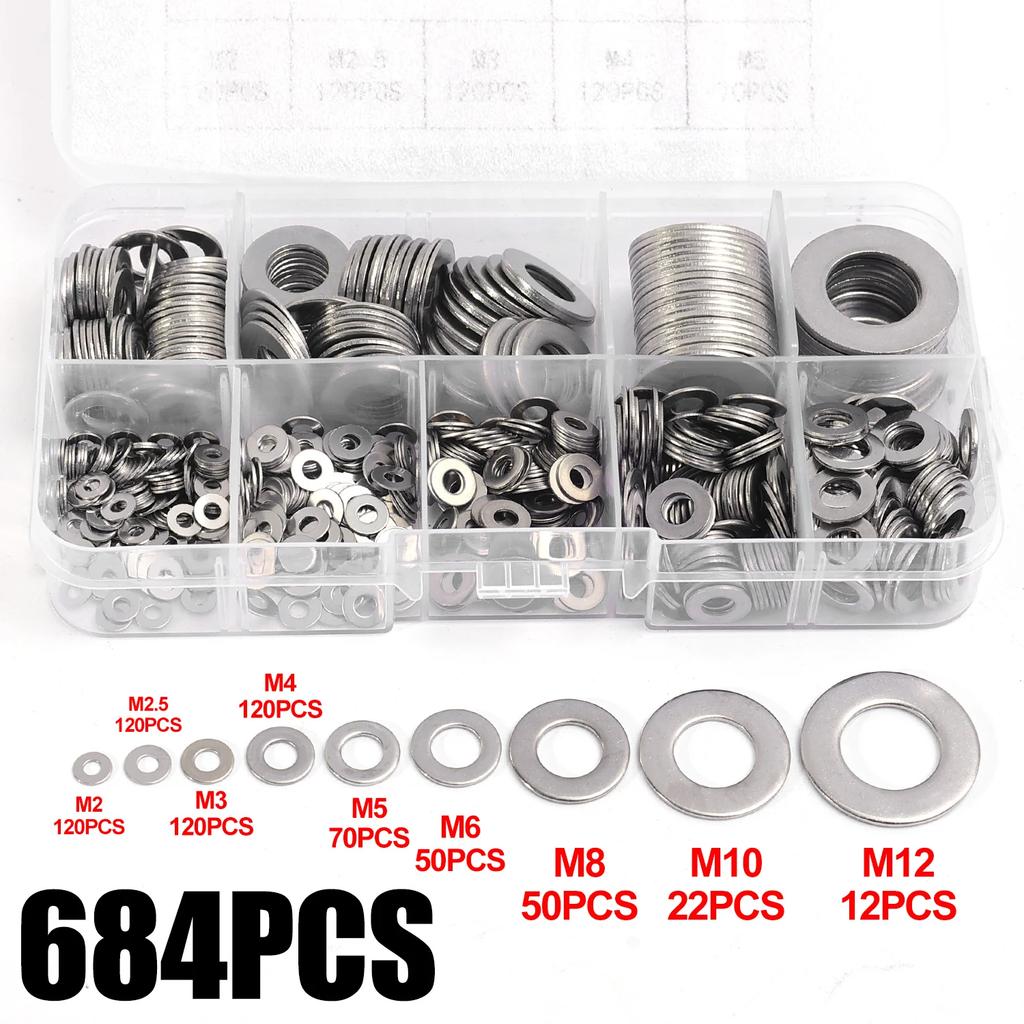 180-684Pcs Stainless Steel Washer Assortment Kits Metal Screw Flat Washers Rings Plain Gaskets Fasteners for Screws Bolts M2-M12