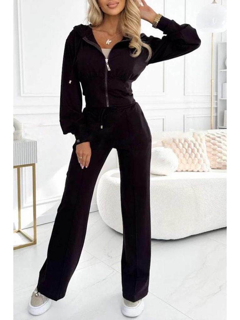 2025 Autumn/Winter European & American Solid Color Hooded Zip-Up Top and Wide-Leg Pants Set
