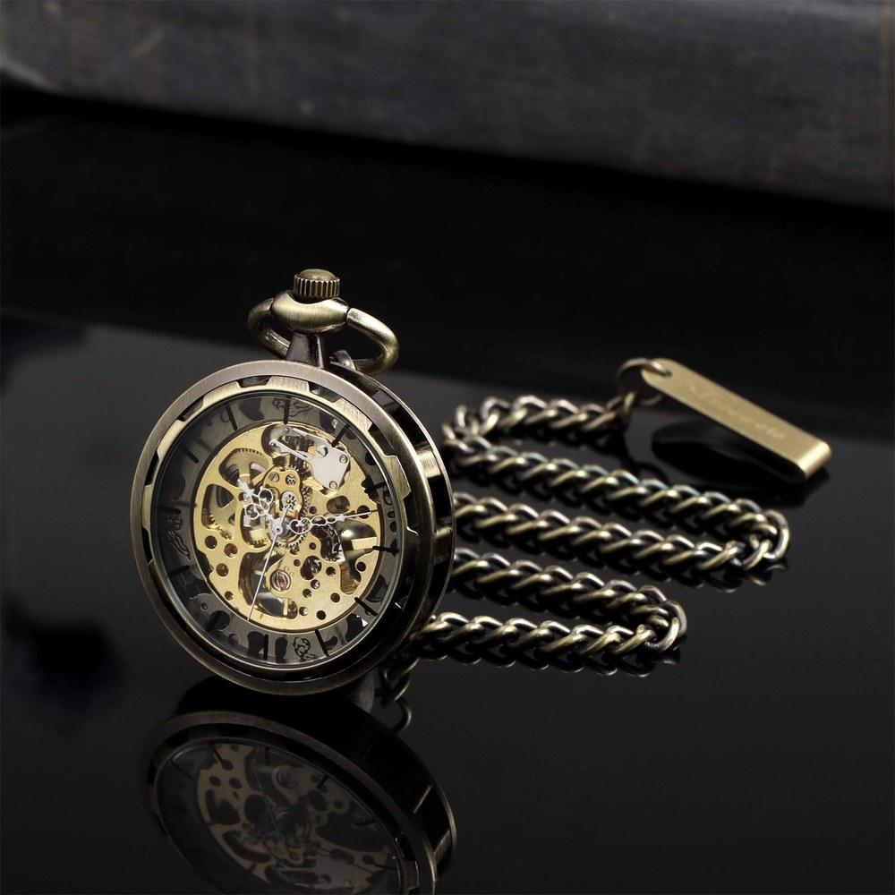 TREEWETO Pocket Watch Hand Wind Antique Mechanical Skeleton Chain Men's Bronze