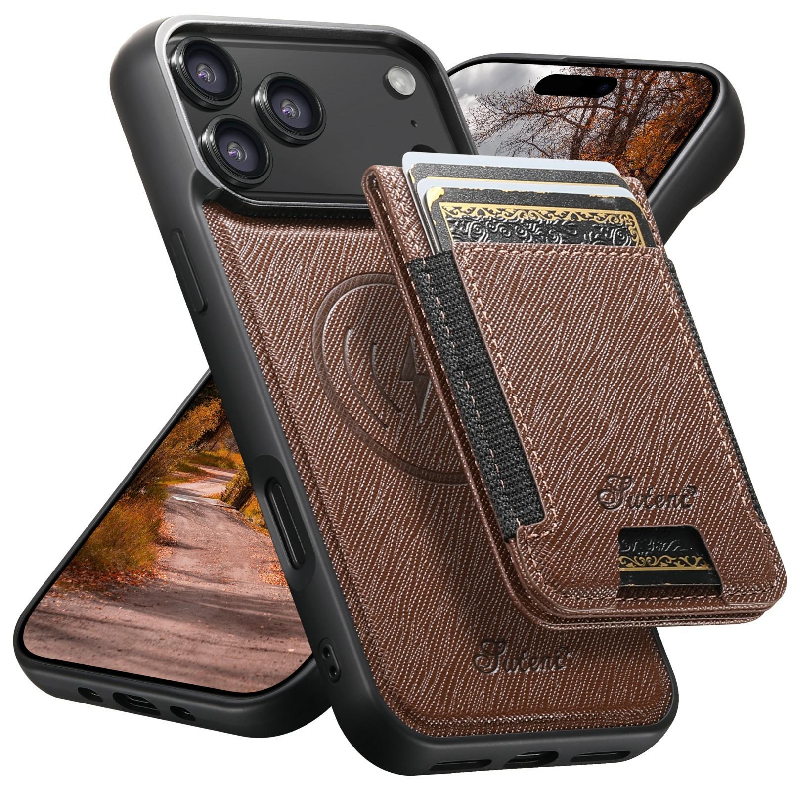 SUTENI H17 For iPhone 17 Pro Magnetic Case Cross Texture Leather Phone Back Cover with Detachable Card Bag B