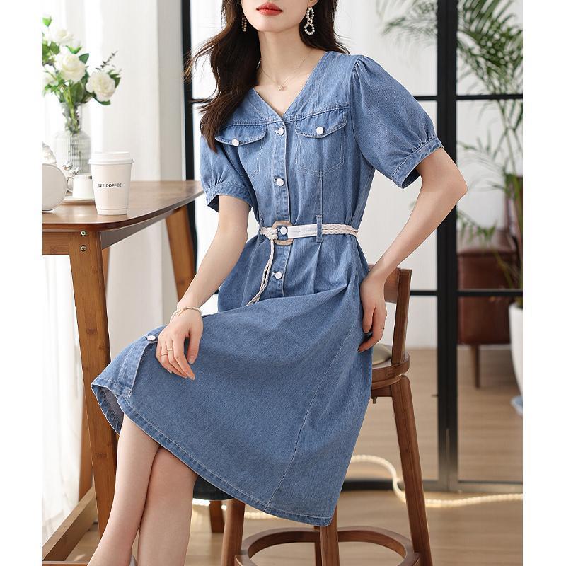 Summer Slim Denim Short Sleeve Dress Casual Waist Cinching Womens Outfit Lightweight Versatile Fashion