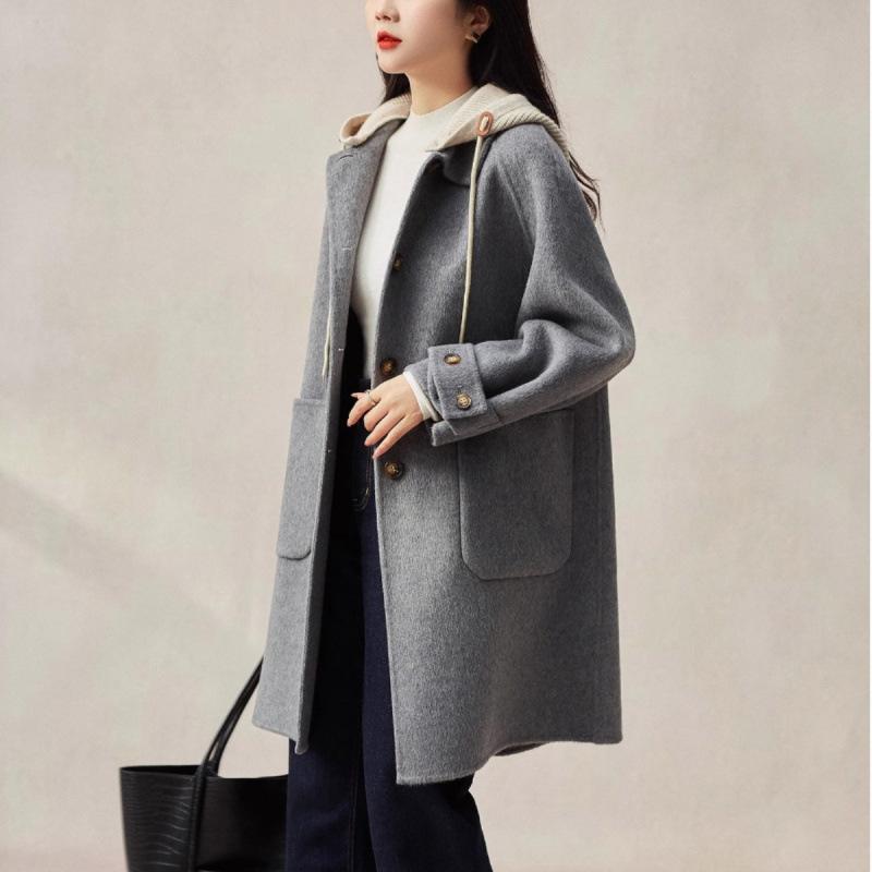 Women Double-sided Cashmere Coat Female Solid Long Hooded Single Breasted Warm Woolen Coats Loose Autumn Winter
