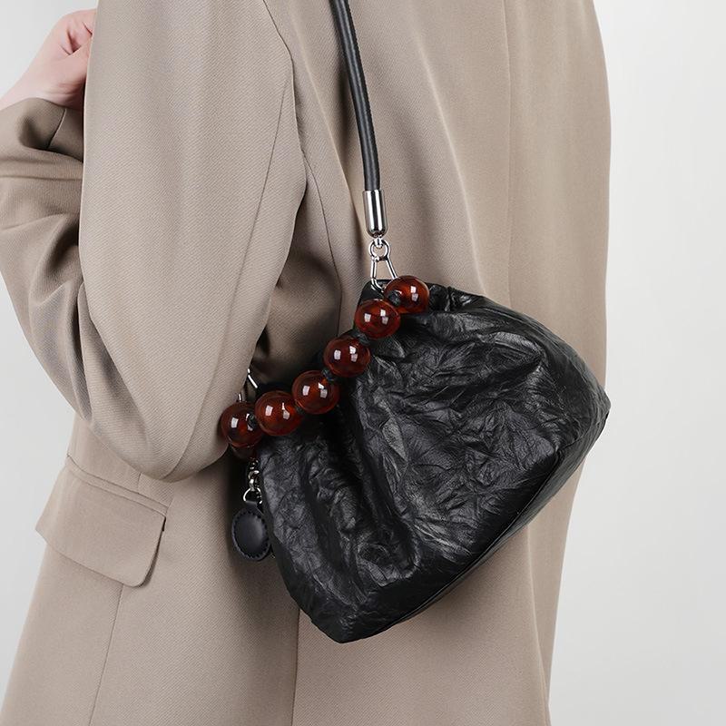 Elegant Chinese Style Beaded Cowhide Handbag - Unique Hand-Scratched Pattern, Perfect as a Lunch Box or Clutch.