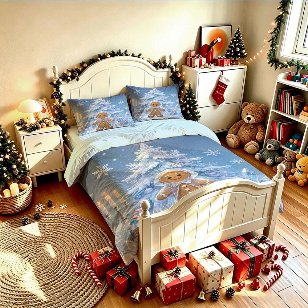 Christmas Duvet Cover Set 3Pcs Cute Gingerbread Man Xmas Tree Snow Print Soft Microfiber Bedding Pillowcases