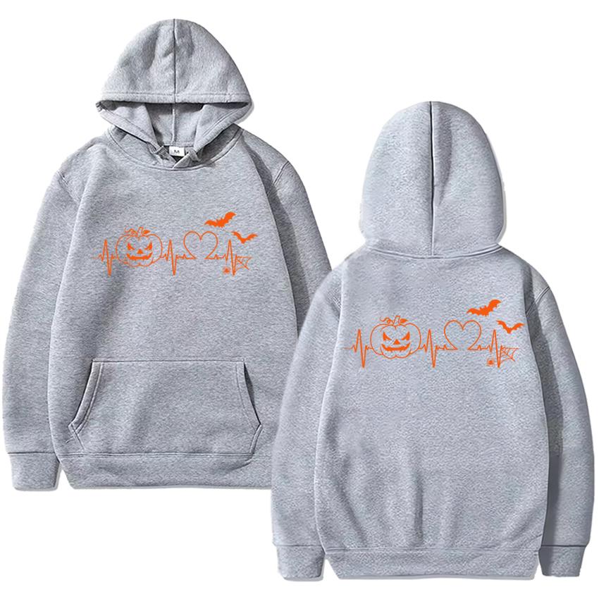 Hot Sale New Halloween Pumpkin Heartbeat Double Sided Print Hoodie Unisex Vintage Hip Hop Streetwear Men Women Fleece Pullovers