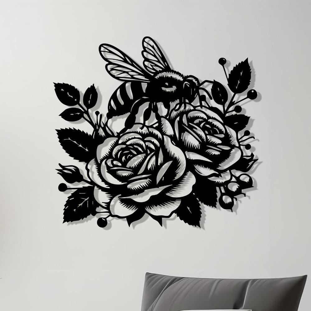 1pc Bee and Rose Metal Wall Art, Weather Resistant Iron Sculpture for Garden Patio Fence, Valentine Wedding Outdoor Decor