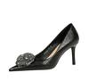 FHC 2025 New Spring Office Work Shoes,Women Pumps,Rhinestone FlowerHigh Heels.Pointed Toe,Slip On,Black,Silver,34-42,Dropship