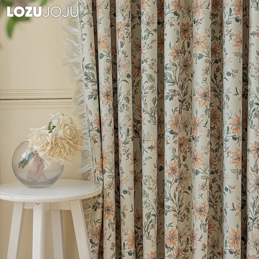 1PC LOZUJOJU Romantic French Countryside Floral Curtains with Lace Blackout Curtains for Bedroom Living Room Home Decor
