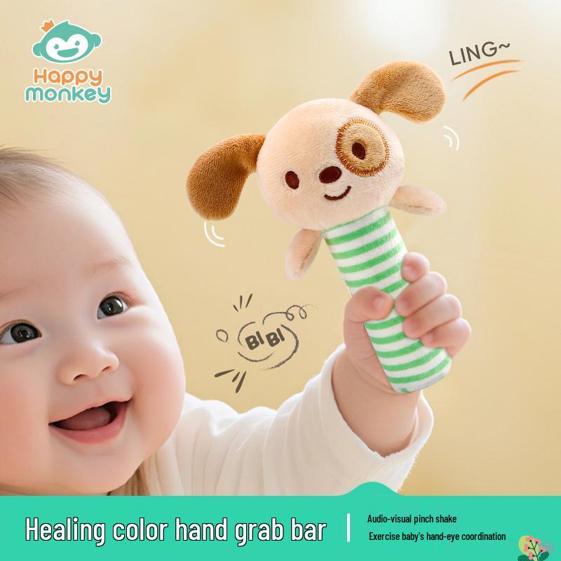 Happy Monkey Baby Soft Animal Hand Rattle Stick - Soothing, Non-Deforming, Easy Grip Toy