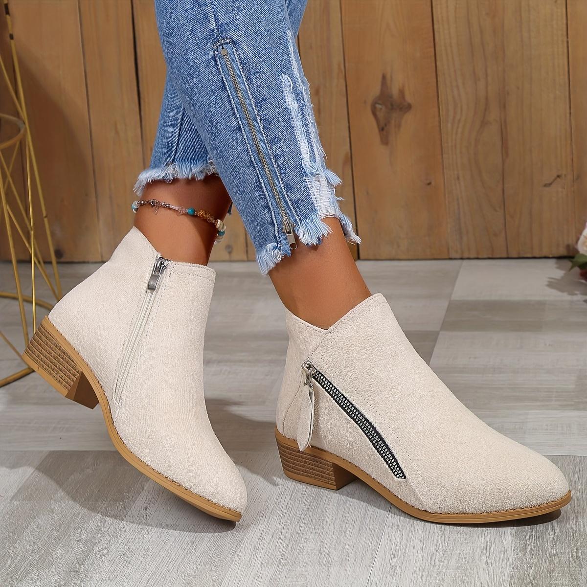 

Женские однотонные ботильоны на толстом каблуке, повседневные ботинки с боковой молнией и острым носком, удобные ботильоны до щиколотки Size 36