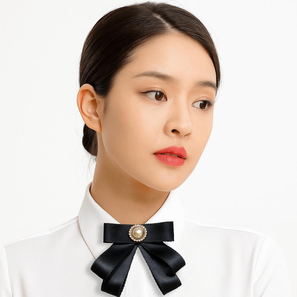 Solid Color Black Bow Necktie Pearl Funerals Memorial Pin Simple Ribbon Badge Brooch  Parties