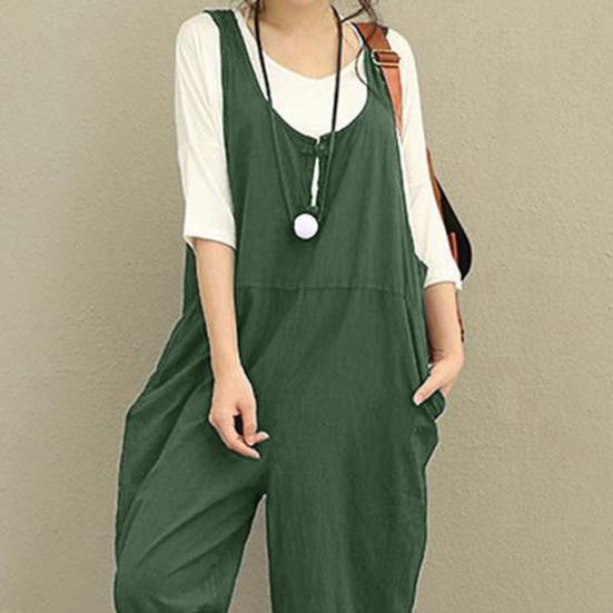 Damen Jumpsuit mit U-Ausschnitt, weites Bein, tiefer Schritt, ärmellos, locker, einfarbig, Seitentaschen, Pullover