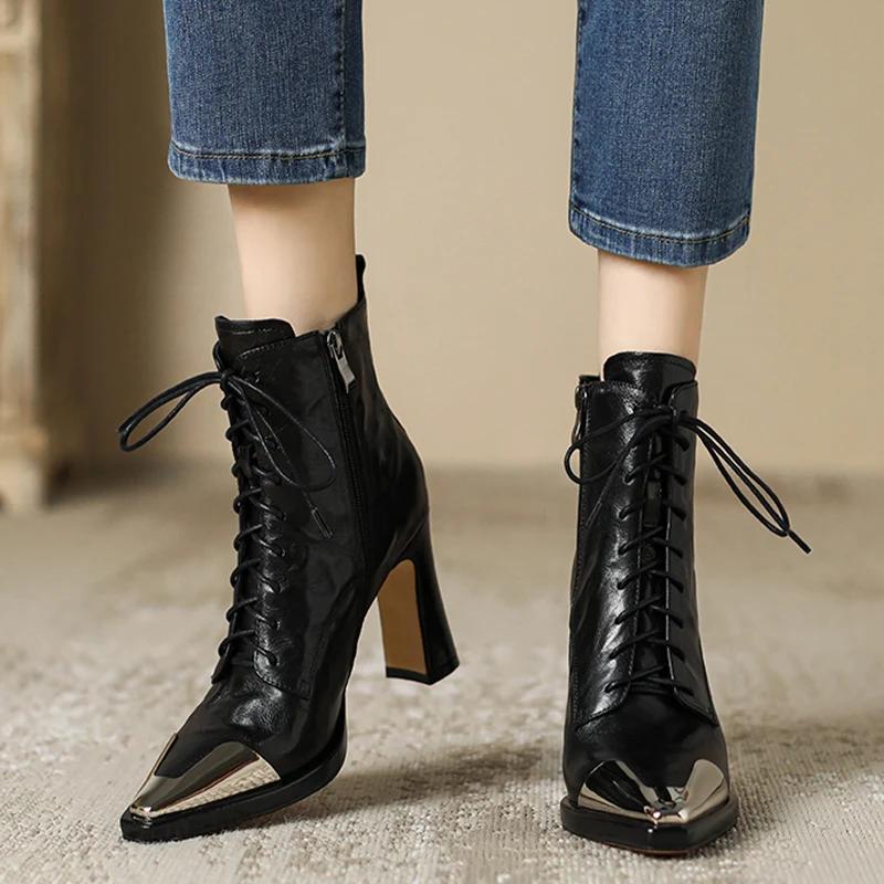 Dámské kotníkové boty na vysokém podpatku se špičatou špičkou, nové kožené robustní sněhule, módní podzimní zimní boty