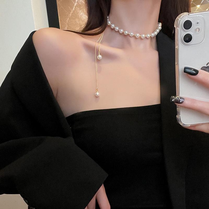 Korean celebrity style pearl neck chain pull-up exquisite necklace 2025 new female design choker