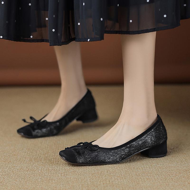 Fashion NEW Spring/Autumn Women Pumps Square Toe Chunky Heel Shoes Horsehair Shoes for Women Elegant Bow-knot Slip-on Soft Shallow Shoes