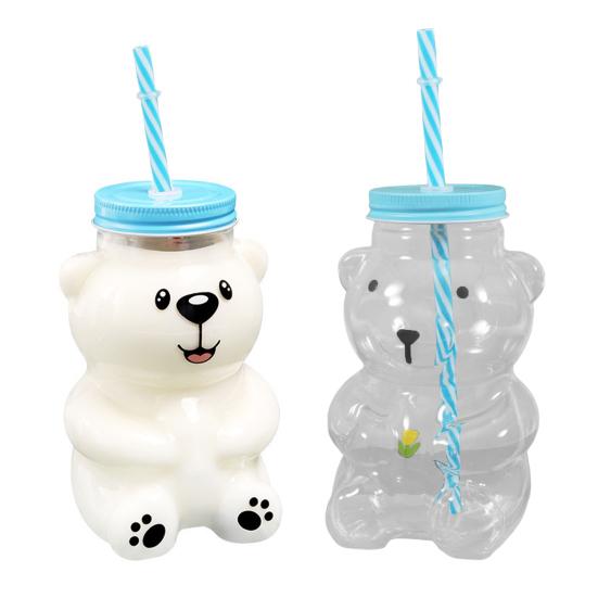 Medvědí skleněný pohár s víčkem a brčkem Opakovaně použitelný medvědí brčkový pohár Roztomilý skleněný tumbler na kávu, pivo, víno, koktejl