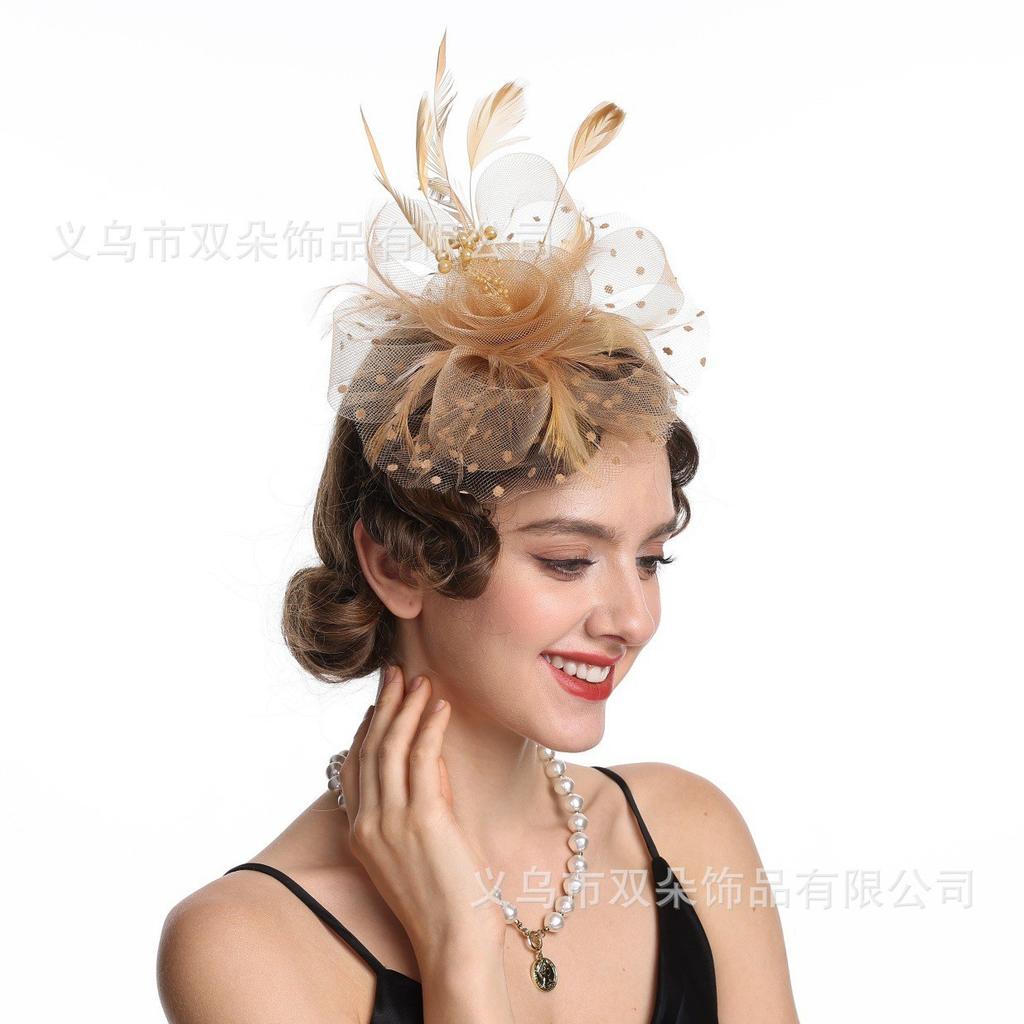 Popular European and American Bridal Headgear Feather Head Flower Horse Racing Festival Mesh Yarn Top Hat Mesh Yarn Feather Headgear