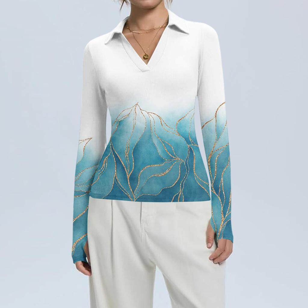 Haut pour femme à la mode et décontracté, imprimé, col en V, manches longues, boutonnage sur le devant