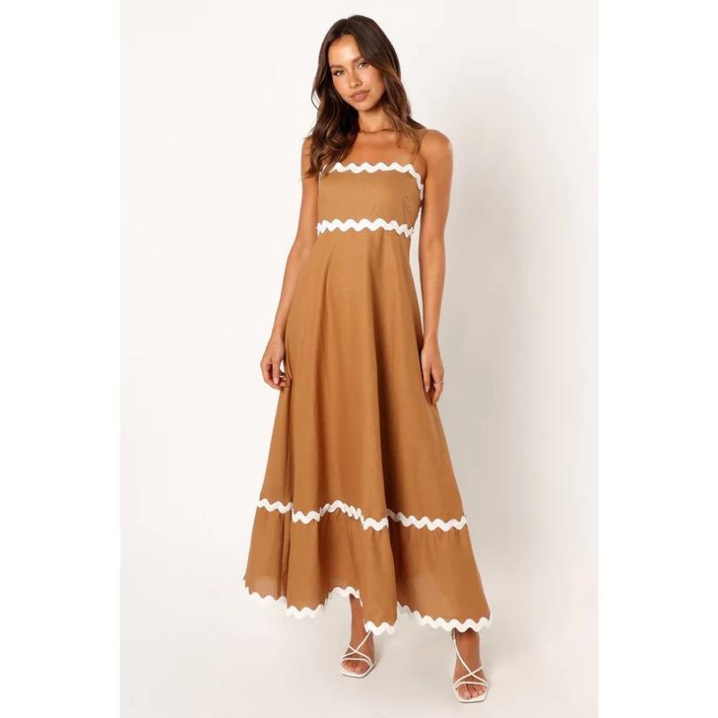 

VEZFAA Женская мода лето весна кружевной принт без рукавов подтяжки высокая талия повседневные платья XL светло-коричневого