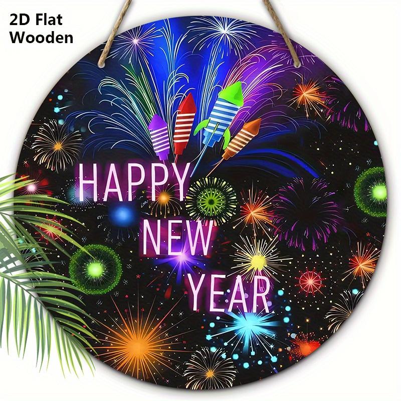 

С Новым годом Фестиваль Деревянная табличка с узором фейерверков - Очаровательная круглая табличка для входной двери, настенный декор - Идеальное фестивальное украшение 20cm/7.87in