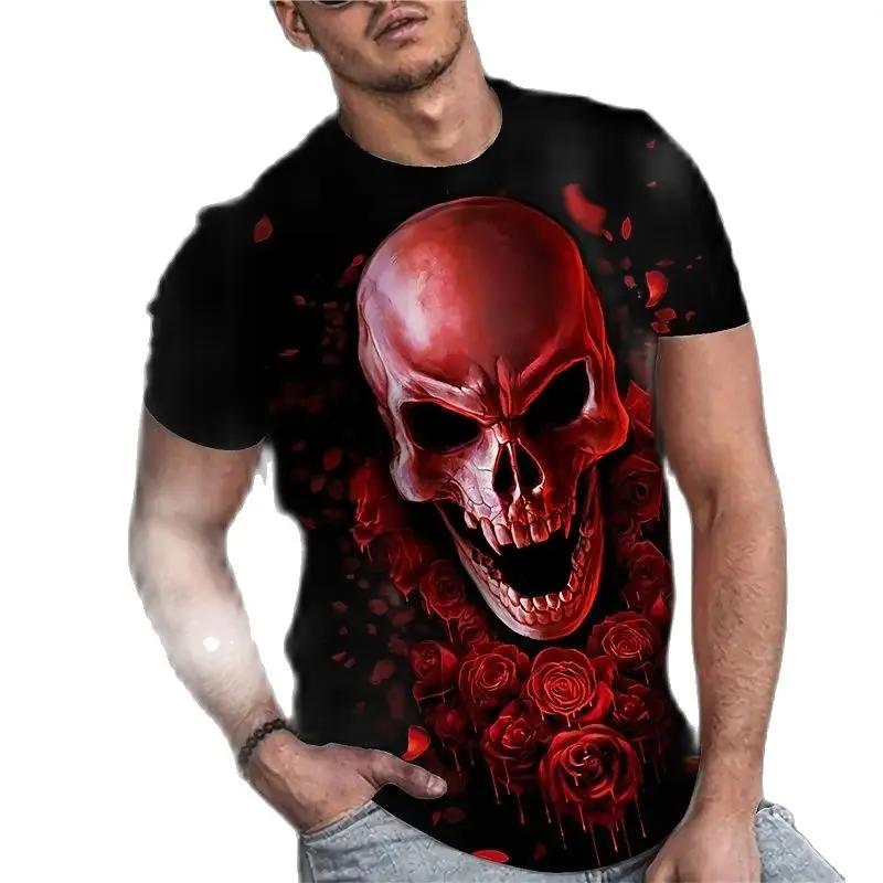 Summer Round Neck 3D Vintage Horror Skull Print Top Fashionable Casual Short Sleeved Men's T-shirts