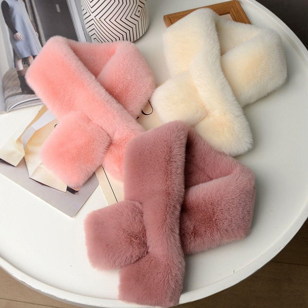 Winter Warm Plush Cross Scarf Thickened Soft Neckerchief Wrap Solid Color Faux Rabbit Fur Scarf Autumn Winter