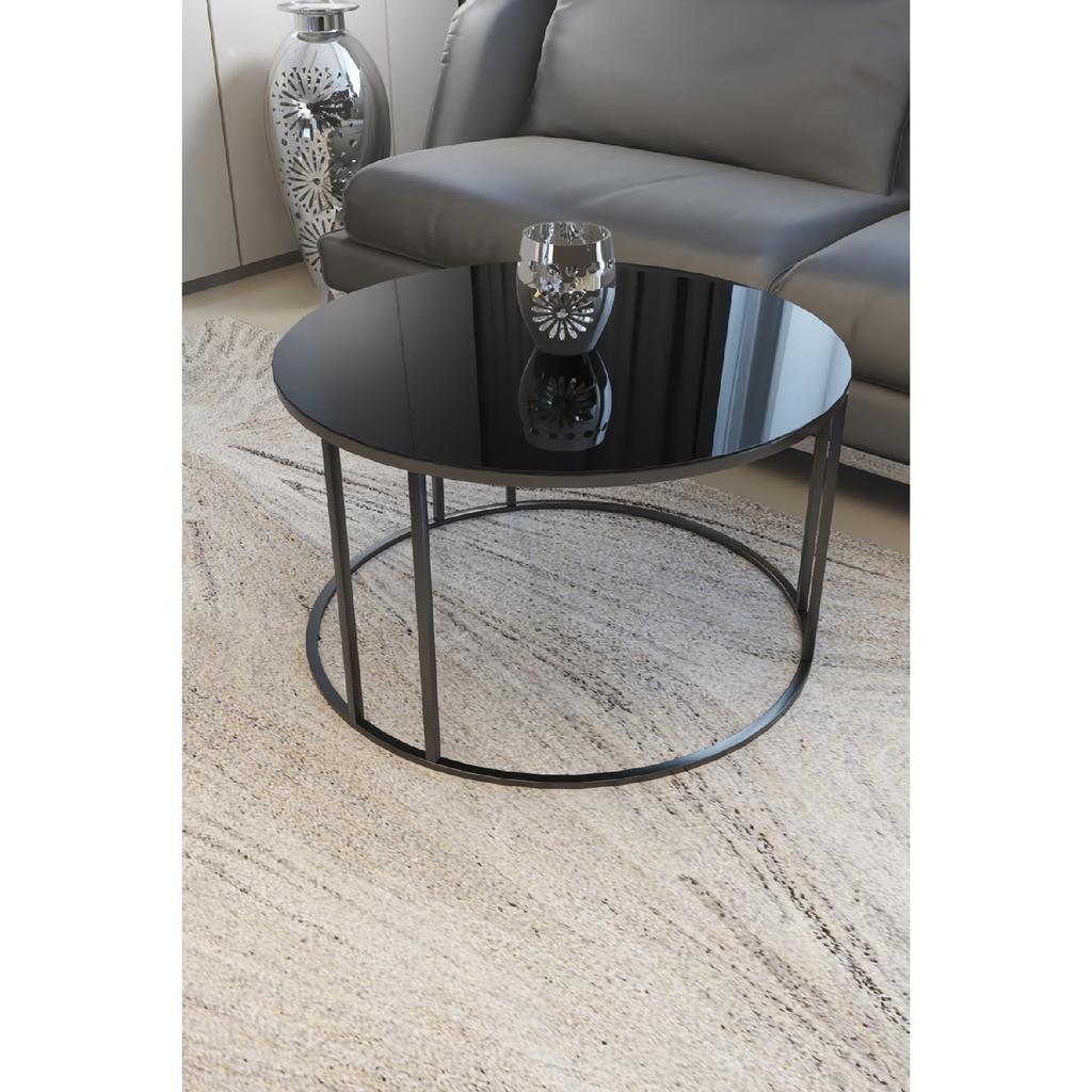 Ceylin 3-seat Nesting Coffee Table Black Metal Leg, Black Shatterproof Glass