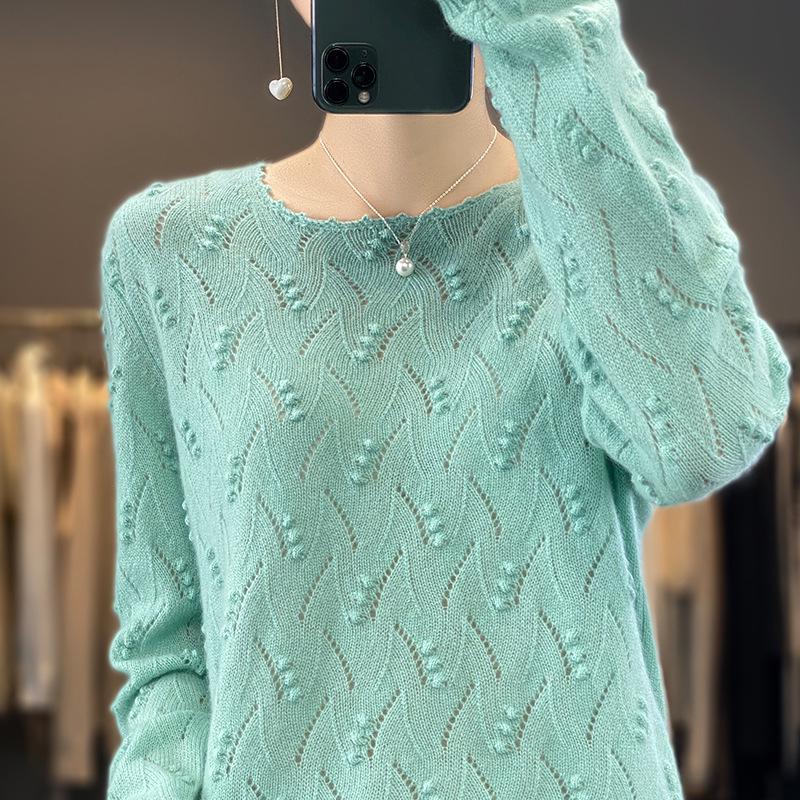 2023 Early Autumn Women's Round Neck Solid Loose Knit Hollow Wool Sweater Top
