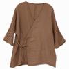 Johnature Women Vintage Shirts Spring Chinese Style Tops Solid Color Tops Belt V-Neck Long Sleeve Soft Blouses