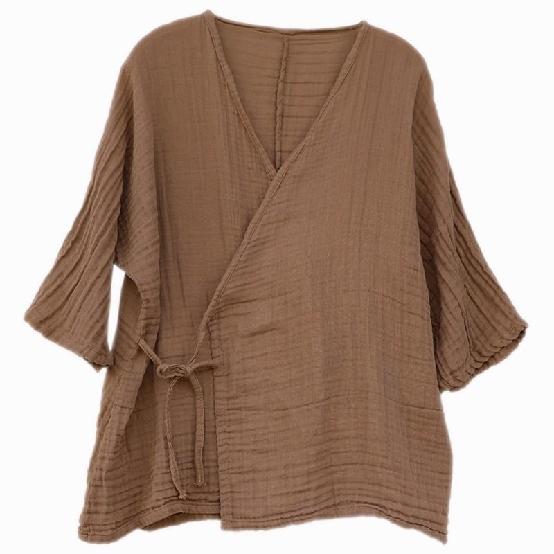 Johnature Women Vintage Shirts Spring Chinese Style Tops Solid Color Tops Belt V-Neck Long Sleeve Soft Blouses