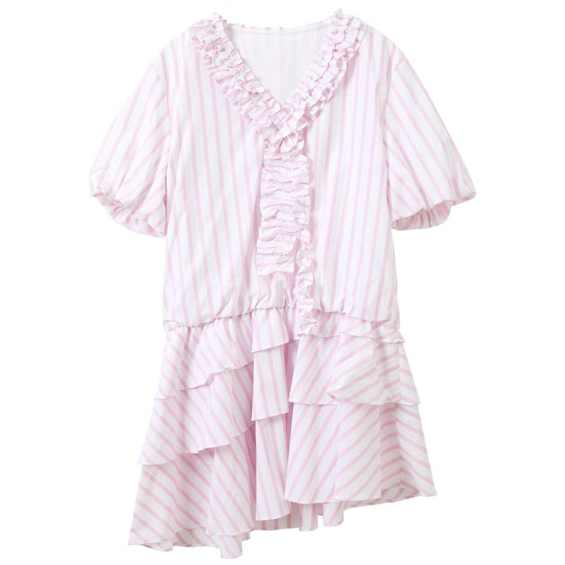 SanCai 2026 Summer Petite Striped A-line Puff Sleeve Dress L