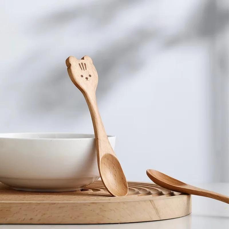 Cute Wooden Children's Spoons Ice Cream Baby Scoop Infant Feeding Spoons Wooden Cartoon Small Scoop Household Kitchen Tableware