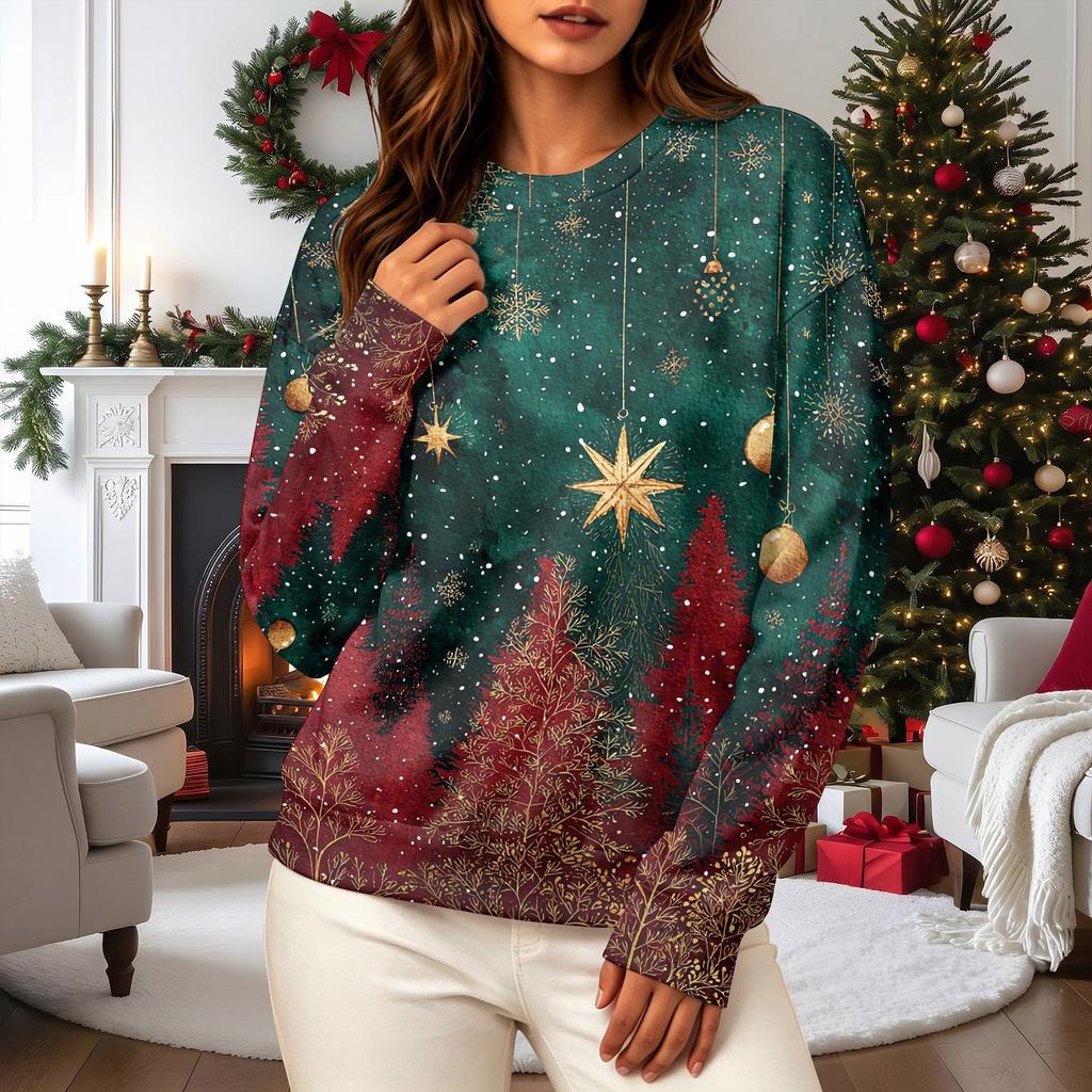Women's Casual Long Sleeve Christmas Graphic Crewneck Sweatshirt Pullover Top for Holiday Wear