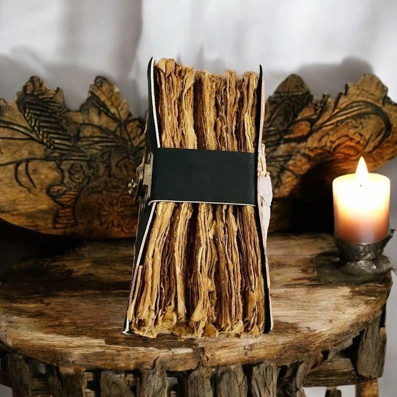 200 Page Large Grimoire Vintage Leather Journal, Moon Phase Fat Journal, Blank Spell Book of Shadows Celestial Christmas Gifts For Him Her