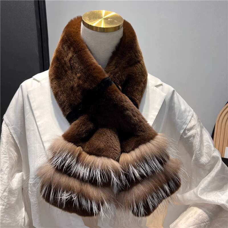 

Real Rex Rabbit Fur Scarf women Winter Warmth Thick Double-sided Fur Scarves with fox fur Natural Fur Mufflers Lady Fur Scarf 100cmx11cm кавовий