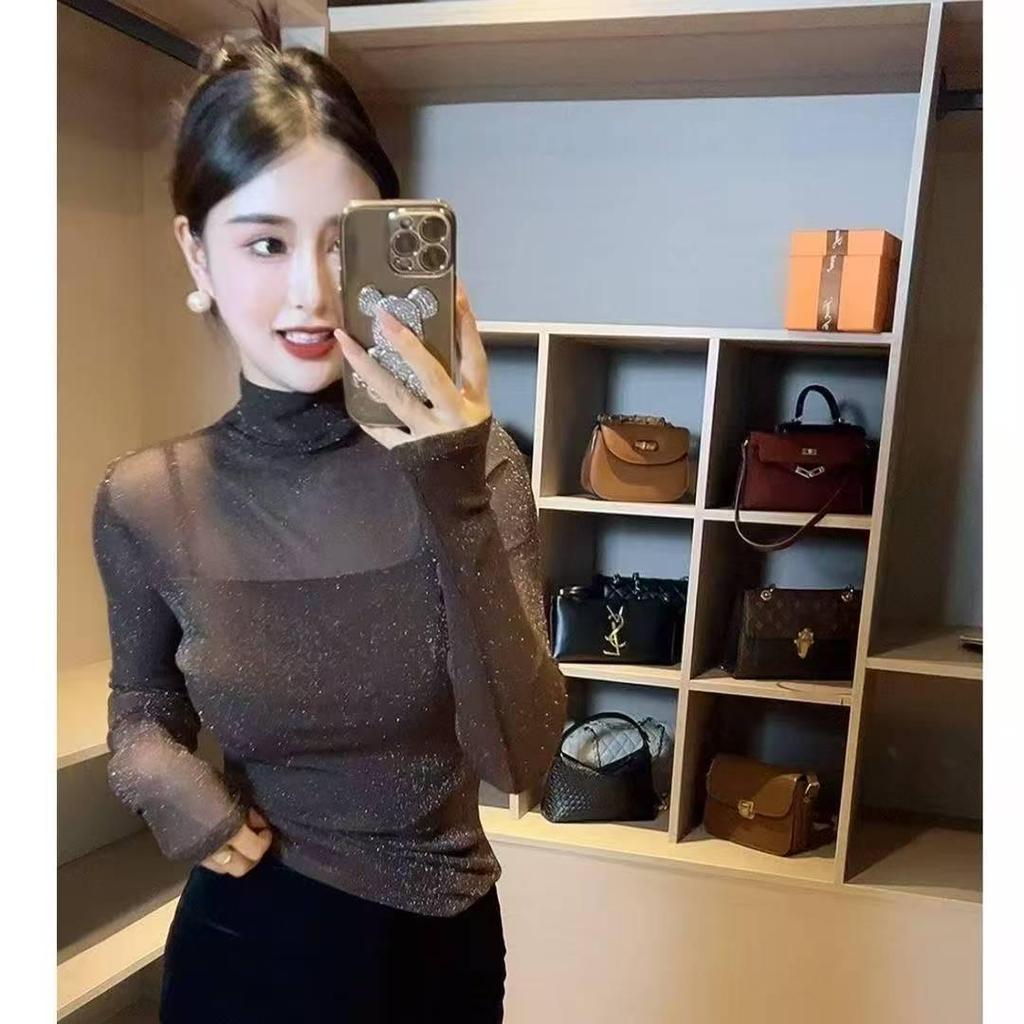 2025 Korean Style Black High Neck Mesh Slimming Long Sleeve Women's Top