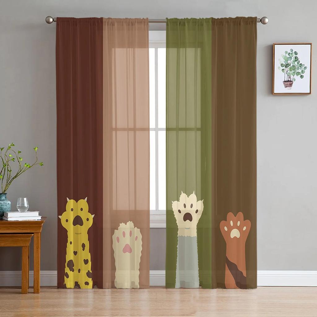 Cat Paw Retro Cute Window Curtains Sheer Chiffon Tulle Curtain Home Living Room Backdrop Decoration