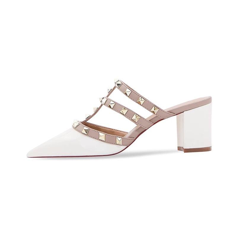 New nude patent leather thick heel high heel bag head half slippers women wear versatile rivets pointed cool slippers summer